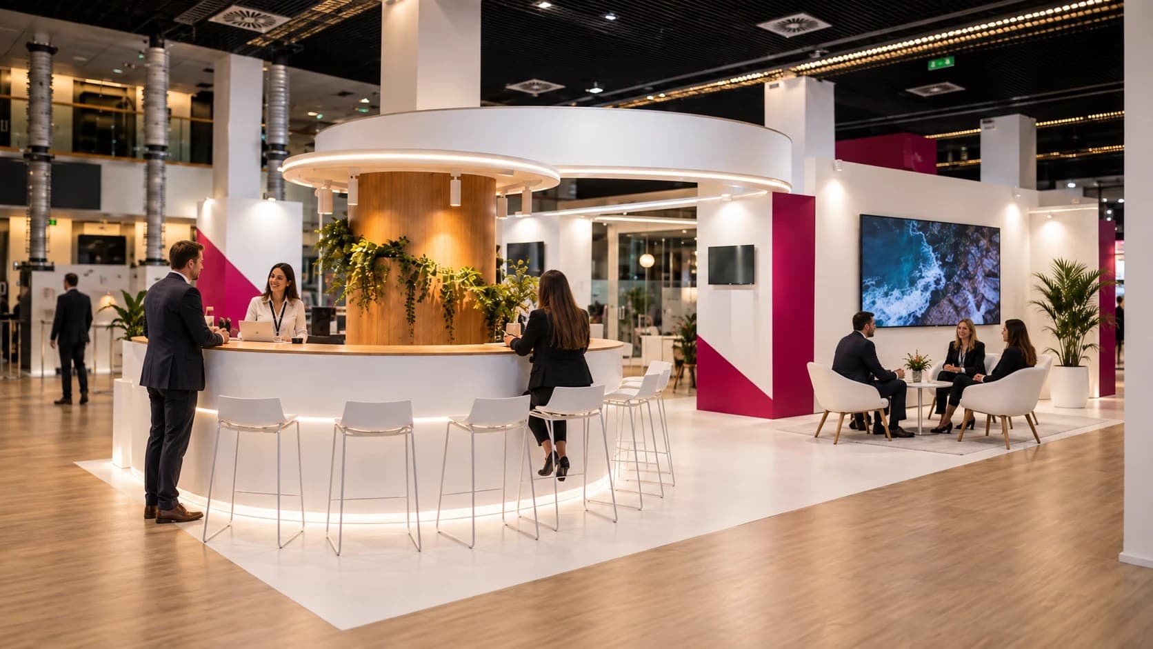 Stand d’exposition à comptoir courbe blanc et bois : accueil des visiteurs, tabourets, panneaux magenta et espace de rendez-vous