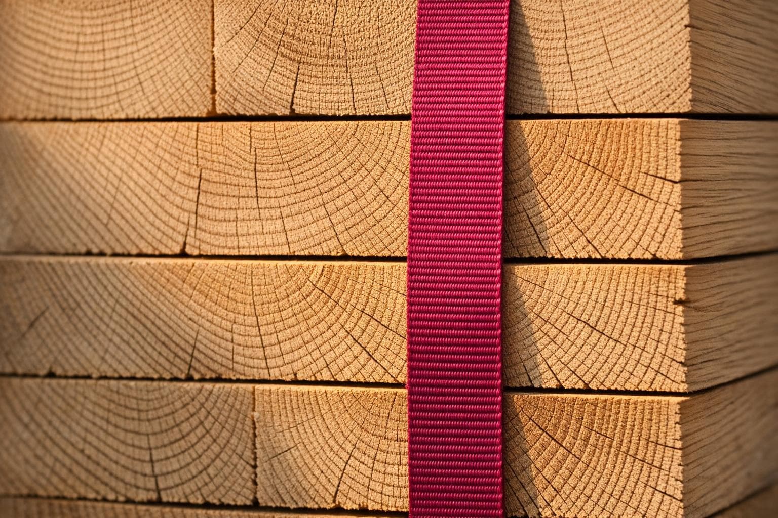 Bois de bout de plots de chêne empilés, sangle magenta, lumière de fin de journée