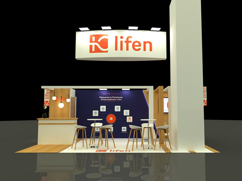 La modélisation 3D du stand Lifen, validée avant fabrication. Bureau d’études