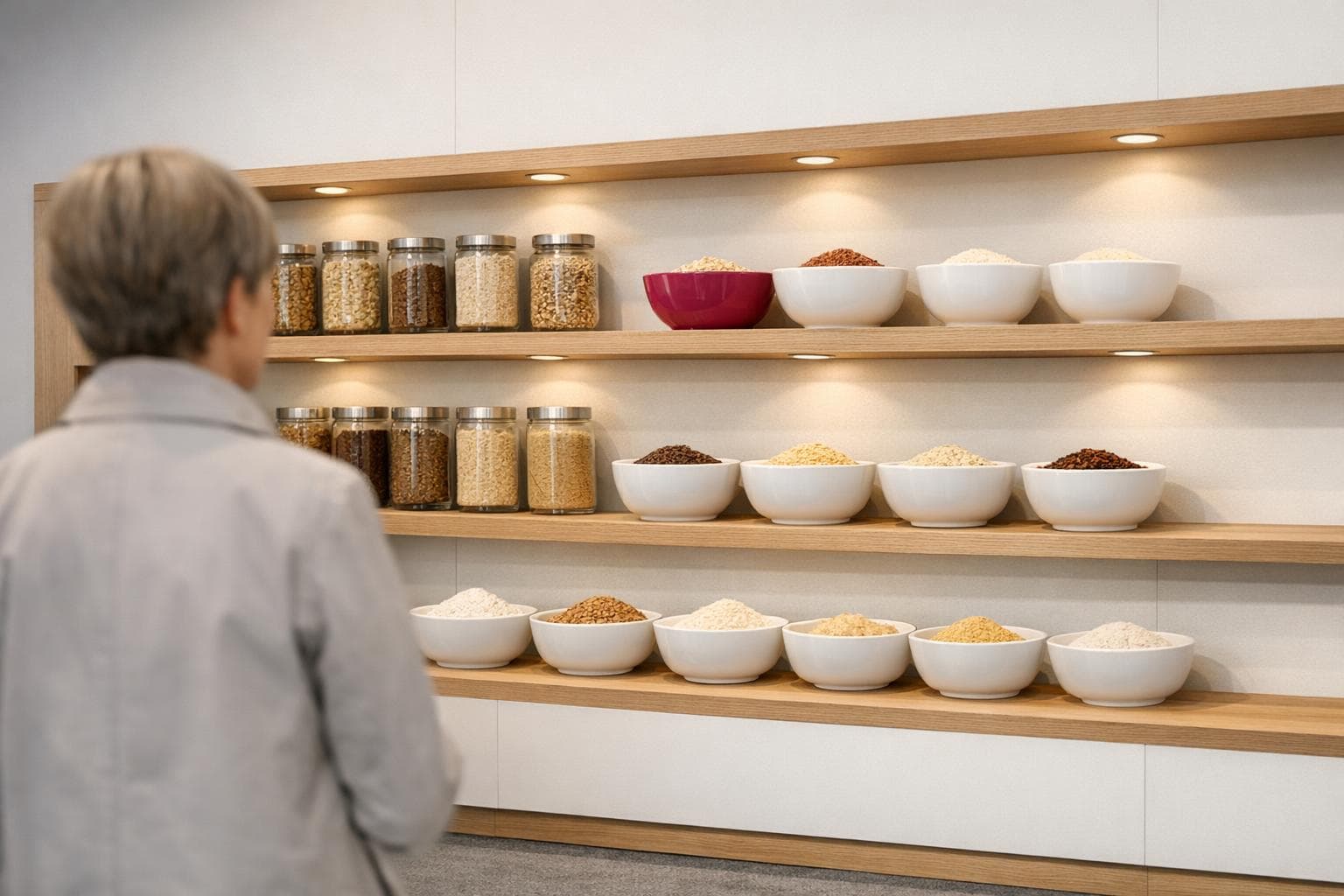 Salon des ingrédients alimentaires : bols et bocaux de matières premières sur étagères chêne