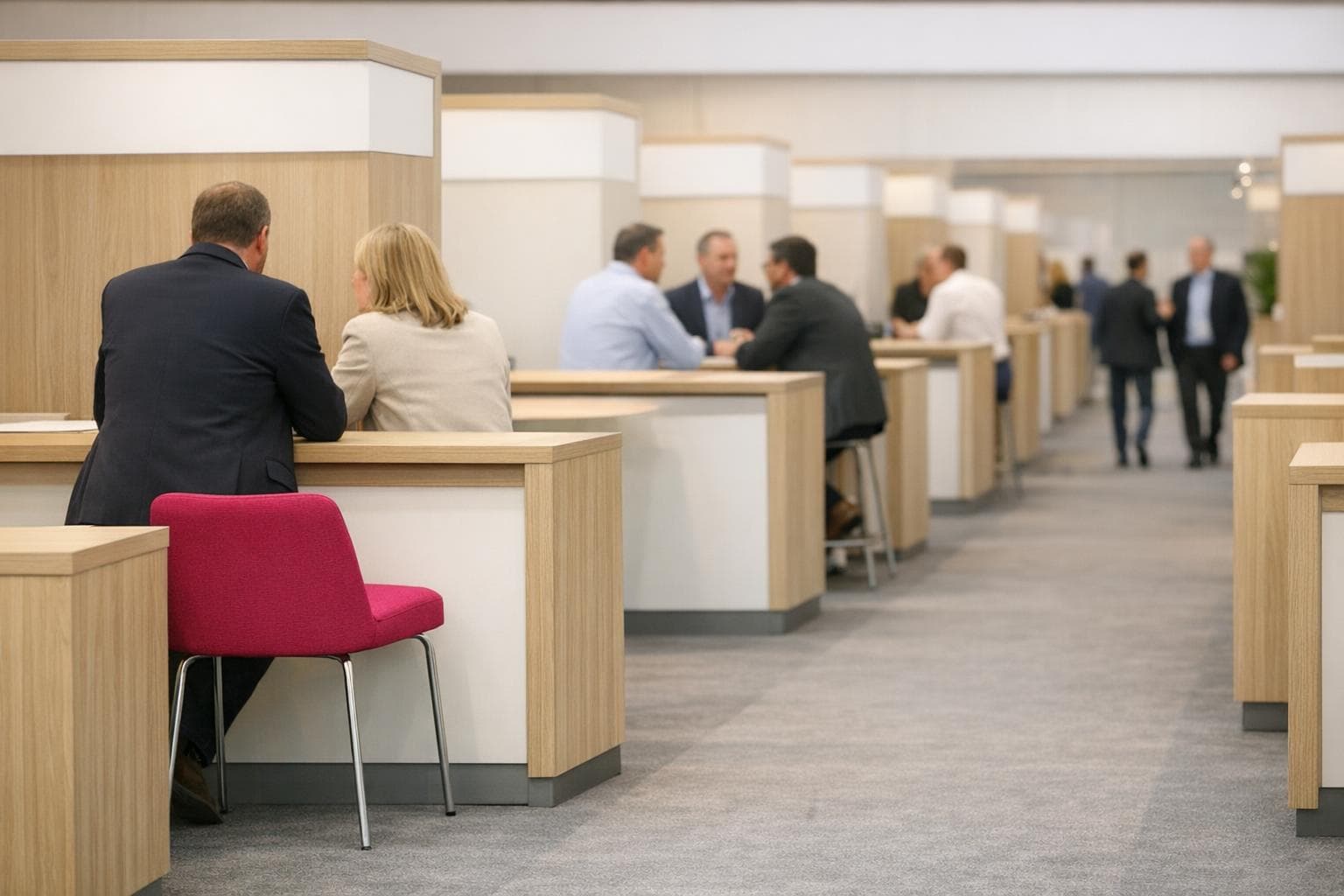 Allée d'un salon du commerce : comptoirs de conseil en chêne, moquette grise