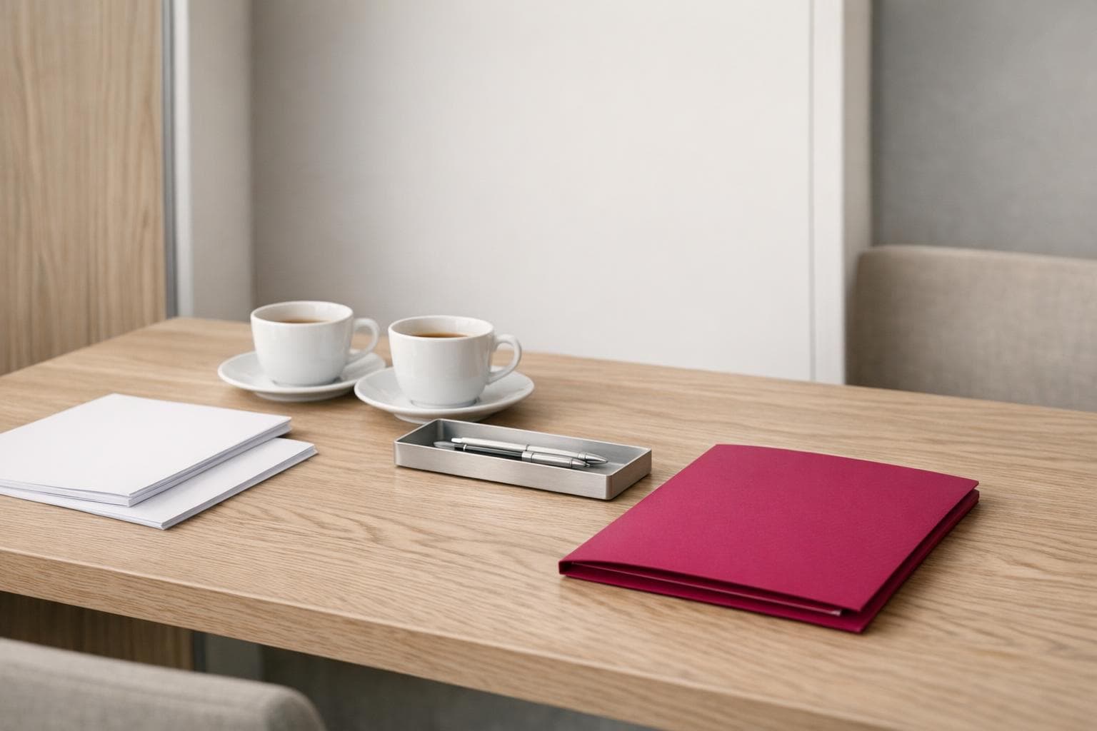 Table de rendez-vous en chêne : documents vierges, tasses, plumier aluminium