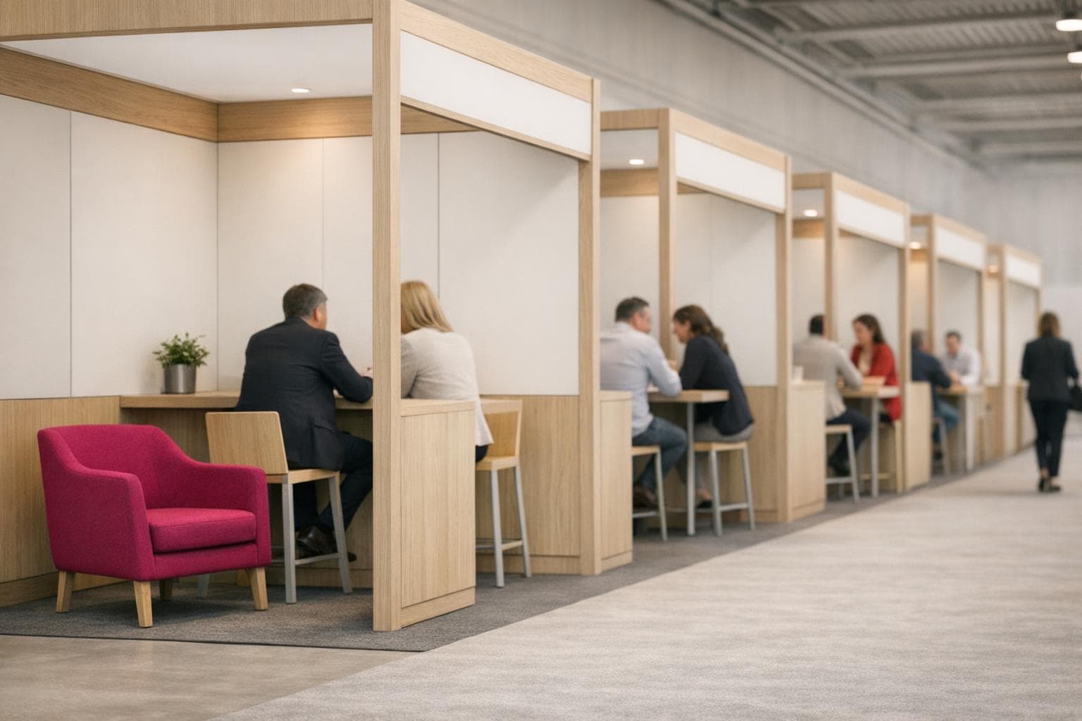 Salon de la franchise : rangée de stands de conseil en chêne et panneaux clairs