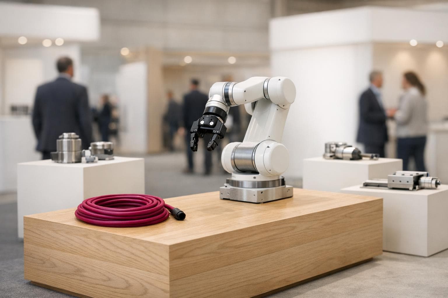 Salon industriel : bras robotisé présenté sur socle chêne, composants sur socles clairs
