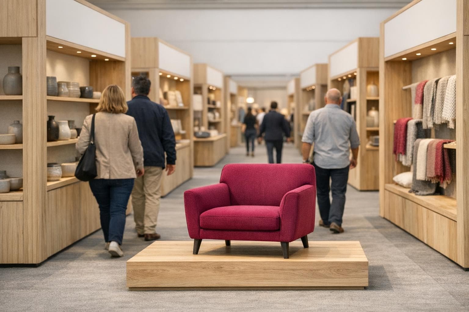 Allée d'un salon de la décoration : structures chêne, céramiques et textiles