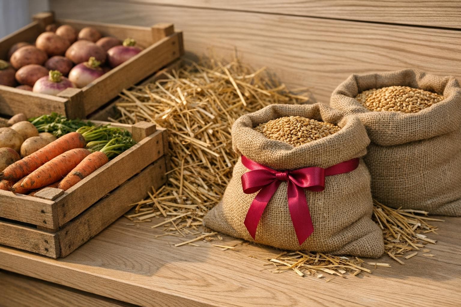 Étal de récolte : caisses de légumes, paille, sacs de grain
