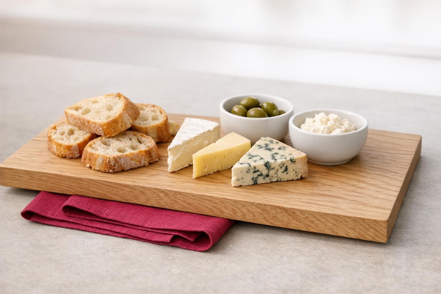 Planche de dégustation sur chêne : pain, fromage, bols céramique