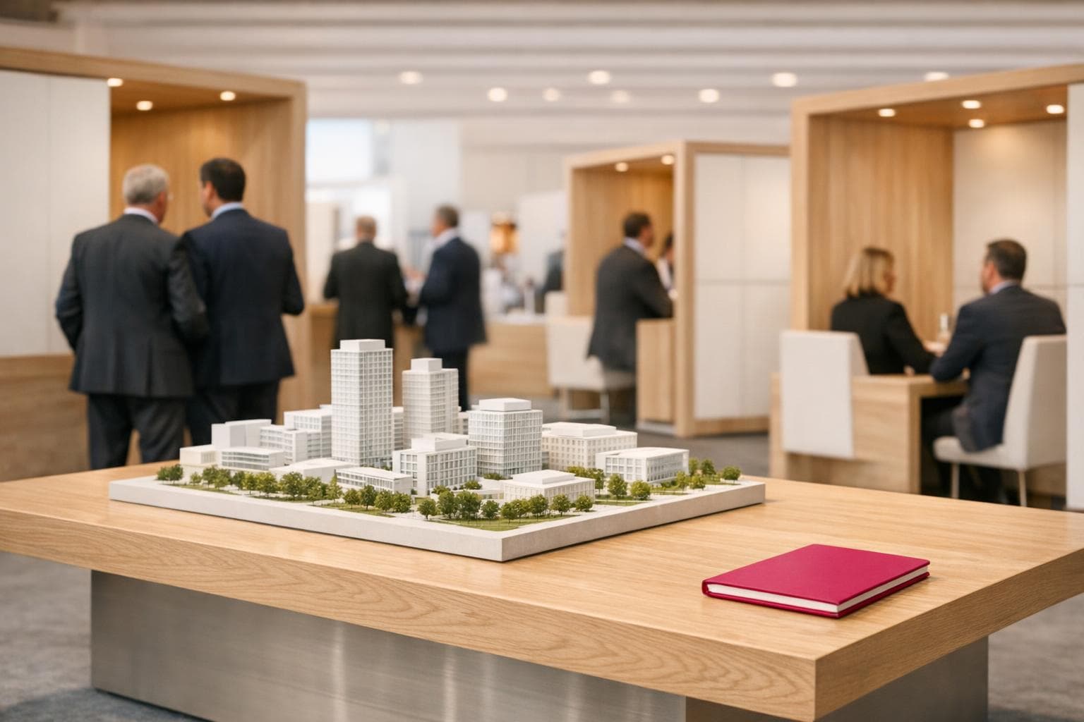 Hall de l'immobilier d'entreprise : alcôves de rendez-vous en chêne, visiteurs en conversation