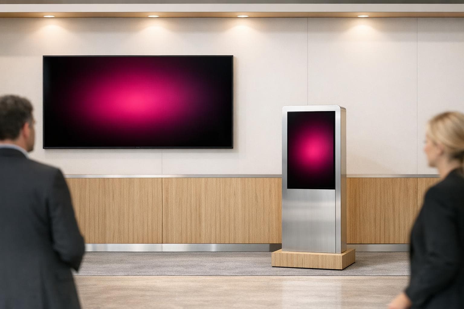 Écran mural et totem tactile intégrés à un stand bois-aluminium. Illustration de l’univers Connecté & numérique